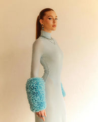 Lunivop Sky Blue Autumn Winter Women Turtleneck Maxi Dress Long Sleeve elastic Slim Long Dresses Sexy See Through Night Club Outfit Robe