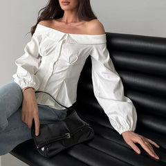 Lunivop New Spring Autumn French Sexy Off The Shoulder Office Lady Blouse Y2k Fashion Euramerican Slim Waist Draped Clothes Harajuku Top