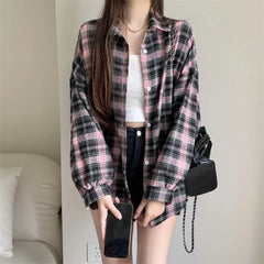 Lunivop Women Tartan Shirt Long Sleeve Collared Button Up Oversized Plaid Shirt Flannel Jacket Grunge Teenage Girl Spring Summer Outfit