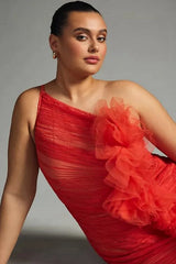 Lunivop Lovely Orange One Shoulder Pleated Tulle Party Dresses Ruched Mermaid Prom Dress Ruffled Pleated Tulle Trumped Women Dresses