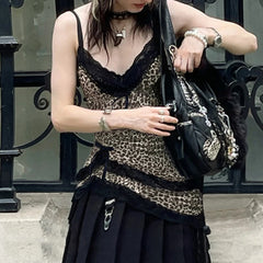 Lunivop Stitching Lace Camis y2k Vintage Leopard Print Crop Top Women Retro Sleeveless Bow Patchwork Tee Summer Asymmetrical Vest