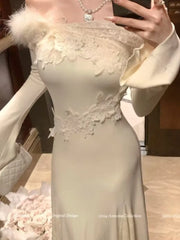 Lunivop Korean Vestidos Para Mujer Spring Autumn New Knitted Dresses For Women Slash Neck Flare Sleeve Lace Patchwork Slim Mermaid