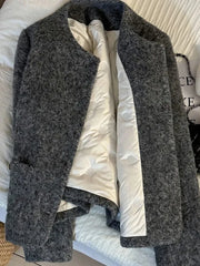 Lunivop Zoki Winter Faux Woolen Gray Coat Women Vintage Thick Warm Long Sleeve Slim Jacket Casual O Neck Female Korean Elegant Retro Top