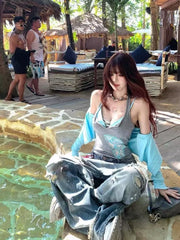 Lunivop Y2k Long Sleeve Knitted Cardigan+ Sexy Slim Fit Vest Top for Women+ Hollow Out Lace Up Camisole Summer Three Piece Sets