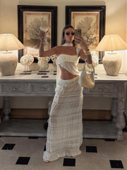 Lunivop See Through Two-Piece Set Scarf Mini Wrap Top Mesh Irregular Hem+Multi-Pleated Skirt Beach Party Matching Pretty Suits