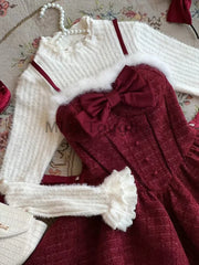 Lunivop Winter Christmas Warm Bow 3-piece Set Women Design Sweet High Neck Knitwear + Red Loose Shawl Sling Solid Lint Dress Suit New