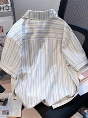Lunivop Cute Women Striped Shirts Japan Vintage Loose Dog Print Kawaii Blouse Casual Preppy Style Short Sleeve Summer Sweet Tops
