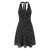 Lunivop Sexy Black Floral Print Spliced Lace Bow Halter V Collar Backless Mini Dress Women Elastic Zipper Back A-line Short Robe Holiday