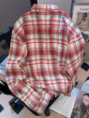 Lunivop Red Plaid American Shirt Women Oversize Loose Vintage Long Sleeve Fall Blouse Streetwear Harajuku Retro Casual Bf All Match Tops