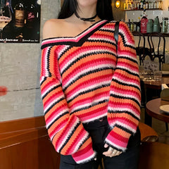 Lunivop Multicolor Striped Pullover Women Sweater Soft Knitted V-Neck Long Sleeve Jumper Teen-girl Fall Winter 90s Y2K Outfit