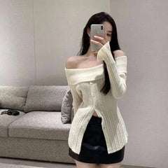 Lunivop Off Shoulder Knit Top for Women Button Front Long Sleeve Off-The-Shoulder Ribbed Fitted Tops Women Pullovers Sweater Y2K Outfit