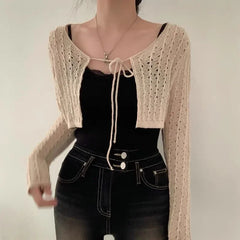 Lunivop Women Tie Front Crop Cardigan Sheer Openwork Crochet Knit Top Lightweight Bolero Sweater Summer Fairycore Boho Chic Beach Outfit