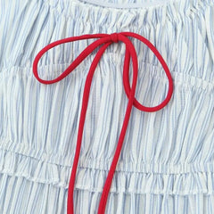 Lunivop Sexy Blue White Striped Elastic Strap Slash Shoulder Dress Folded Elastic Waist Swing A-line Short Tank Robe Holiday Woman