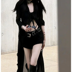 Lunivop Y2k Sexy Slim Fit Black Dress for Women Fashion All-match Mid-length Dresses E-Girl Mesh Long Sleeve Sun Protection Coat