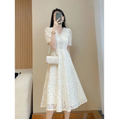 Lunivop Women's Lace Midi Dress V-Neck Puff Sleeve Fit Flare Party Dress