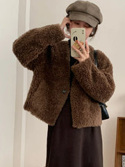 Lunivop Winter Vintage Women Faux Lamb Coat Warm Soft Long Sleeve V Neck Sweet Jacket Retro Simple Solid Korean Female Preppy Style Tops
