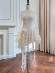 Lunivop Women's Lace Ruffled Asymmetric Design Dresses V Neck High Waist Long Sleeve Slim Elegant Dress Autumn 2025 New