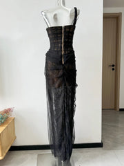 Lunivop Mesh Dress For Vacation,single Straps High Waist Long Vestido,pullover Sheer Fake Two Pieces Party Dresses