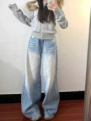 Lunivop American Retro Jeans Women Simple Baggy High Waisted Cargo Denim Pants Washed Y2K Wide Leg Jeans Trousers Casual Streetwear