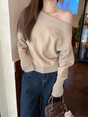 Lunivop Off Shoulder Knit Top for Women Slash Neck Rib-knit Batwing Sleeve Sweater Pullovers Autumn Winter Korean Fashion Outfit