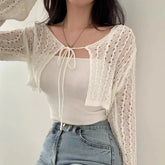 Lunivop Women Tie Front Crop Cardigan Sheer Openwork Crochet Knit Top Lightweight Bolero Sweater Summer Fairycore Boho Chic Beach Outfit