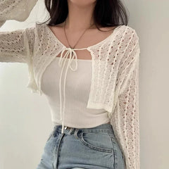 Lunivop Women Tie Front Crop Cardigan Sheer Openwork Crochet Knit Top Lightweight Bolero Sweater Summer Fairycore Boho Chic Beach Outfit
