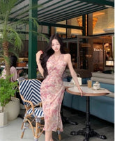 Lunivop Woman Dress Floral Printed Sleeveless V Neck Halter Slim Vintage Split Temperament Party Dresses French Style Chic