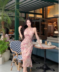 Lunivop Woman Dress Floral Printed Sleeveless V Neck Halter Slim Vintage Split Temperament Party Dresses French Style Chic