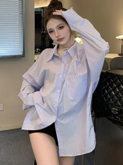 Lunivop Hollow Out Striped Shirt Women Casual Korean Loose Long Sleeve Blouse Vintage Female Sexy Off Shoulder Elegant Tops Spring