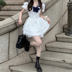 Lunivop Preppy Style Lolita White Dresses Navy Collar Kawaii Summer Japanese White Dresses Casual Short Sleeve Elegant Party Dress