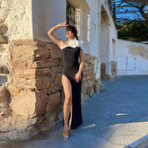 Lunivop Women High Slit Party Dress One Shoulder Ruffle White Black Contrast Color Maxi Female Event Prom Evening Celebrate Night Out