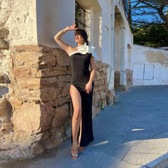 Lunivop Women High Slit Party Dress One Shoulder Ruffle White Black Contrast Color Maxi Female Event Prom Evening Celebrate Night Out