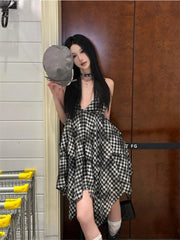 Lunivop Vintage Plaid Mini Dress Women Sexy Club Backless Irregular Dresses Korean Style V-neck Gyaru Streetwear Y2k Aesthetic