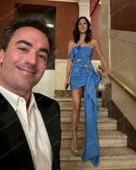 Lunivop Blue Side Train Satin Evening Dress Hollow-out Bow Mermaid Prom Gowns Chic Sleeveless Strapless Pleated Satin Y2k Party Dresses