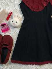 Lunivop Vintage Classic Burgundy Lace Stand Collar Flutter Sleeve Short Dress Women Elegant Waist Fit Harajuku Summer Streetwear Outfit