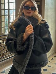 Lunivop Retro Patchwork PU Leather Fur Jackets Women Casual Stand Collar Jacket With Belt Female Winter Thickening High Street Outwears