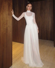 Lunivop Elegant Tulle Long Wedding Dresses High Collar Draped Simlpe Prom Dresses Formal Full Sleeves Illusion Bridal Gowns Customized