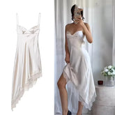 Lunivop Women Sexy Lace Satin Elegant Long Dress Asymmetric Hem Dress New Summer Fashion Holiday Party Beach Dresses