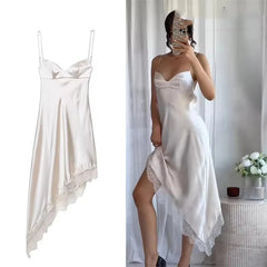 Lunivop Women Sexy Lace Satin Elegant Long Dress Asymmetric Hem Dress New Summer Fashion Holiday Party Beach Dresses