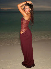 Lunivop Lace See-Through Patchwork Long Dress Female Spaghetti Backless High Waist Fashion Hollow Out Dress Spring Bandage Dress