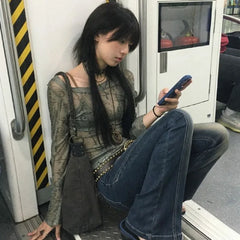 Lunivop Street Print Print Sun Protection T-shirt for Women Mesh Long Sleeve Off Shoulder Tops Mujer 2025 Summer Thin Bottoming Tees