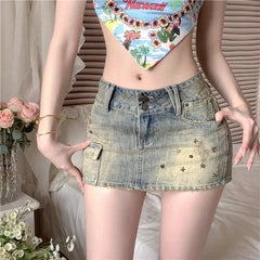 Lunivop American Retro Blue Denim Skirt For Women Summer Low-waist Sexy Bodycon Skirts New All-match Casual