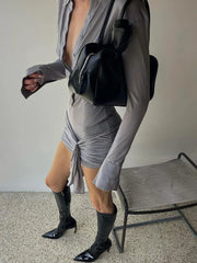 Lunivop Turn-down Collar Bandage Ruched Women Dress Long Sleeve Single Breasted Dress Autumn Skinny Elegant Vacation Party Dress