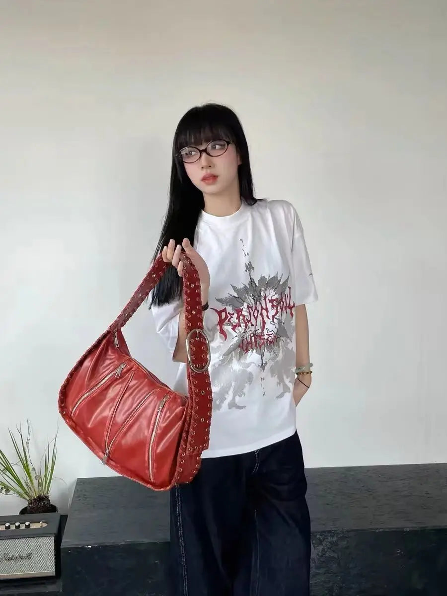 Lunivop Hot Girls Red Tote Bag Purse Women High Street Large Capacity Pu Leather Casual Y2k Handbag Ladies Retro Shoulder Bags