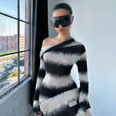 Lunivop Black And White Striped Asymmetrical Dress One Shoulder Long Sleeve Maxi Dresses Fall Fashion Women Y2K Outfits