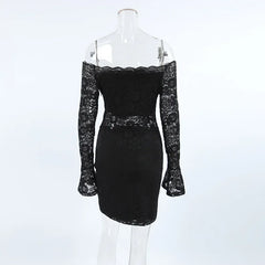 Lunivop Black Lace Mini Dress for Women Sexy See Through Slim Evening Party Dresses Fashion Flare Long Sleeve Christmas Dress 2024