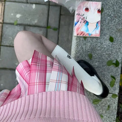 Lunivop Y2k Sweet White Pink Plaid JK Skirt for Women Preppy Style A-line Pleated Skirts Summer New High Waist Faldas Mujer