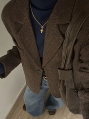 Lunivop Retro Faux Woolen Blazer Coat Women Harajuku Long Sleeve Fall Winter Y2K Jacket Streetwear American Casual Lady Suit Coat