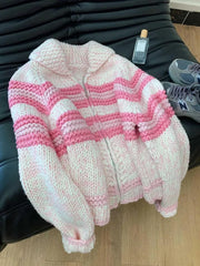 Lunivop Lazy Wind Women Sweet Cute Cardigan Sweaters Vintage Striped Long Sleeve Loose Knitted Jacket Fall Winter Soft Warm Female Tops