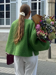 Lunivop Bow Lace Up O-neck Women's Tweed Jackets Casual Long Sleeved Coats For Woman Autumn Winter Elegant Short Green Outwear Tops